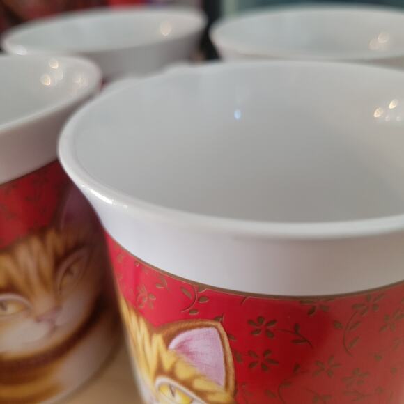 Vintage 1987 Hallmark Cat Mugs – Set of 4, Red with Orange Tabby, Made in Japan - Picture 4 of 7